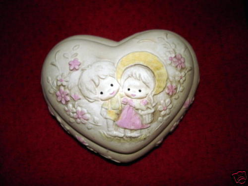 TRINKET /JEWELRY BOX, Pottery, Heart with KIDS/FLOWERS  