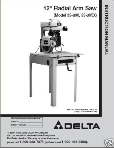 Delta Radial Arm Saw Instruction Manual# 33 890 33 895X  