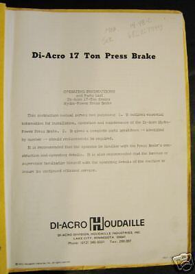 Di Acro 17 Ton Press Brake Operating Manual & Parts  