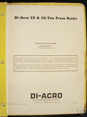 Di Acro 25 35 Ton Press Brake Operating Manual & Parts  
