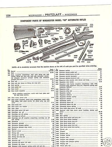 WINCHESTER MODEL 03 RIFLE PARTS LIST 1930 CATALOG AD  