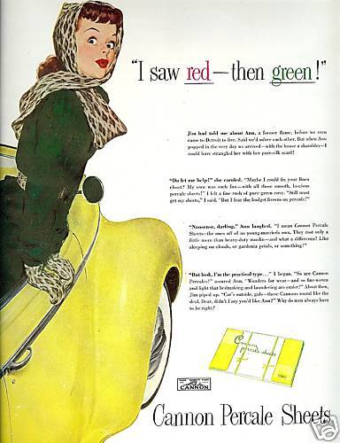 40s Cannon Sheets Ad Woman in Yellow Car Leopard Scarf