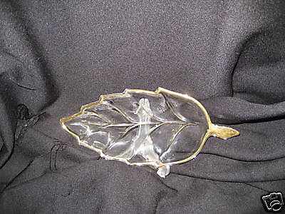 Vintage leaf clear glass dish Hazel Atlas gold rim  