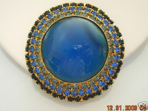 VINTAGE*AUSTRIA*SIGNED*BLUE*GRN RHINESTONE DOME BROOCH  