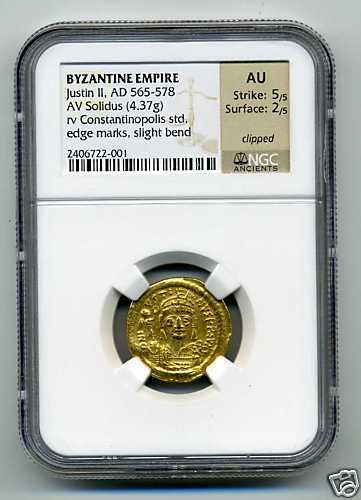 BYZANTINE GOLD NGC ANCIENTS GRADED Justin II Coin AD 565   578 , AU 
