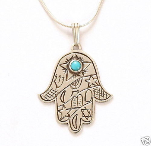 Hamsa Hand w/ Jewish Kabbalah Symbols Pendant & Necklace, 925 Silver 