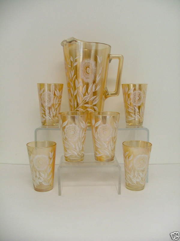 7pc Jeannette Glass LATE SUNFLOWER Water Set Marigold  