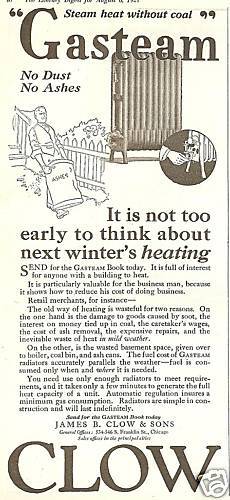 20s vintage CLOW Gasteam Radiator print AD~1921~NO ASH  